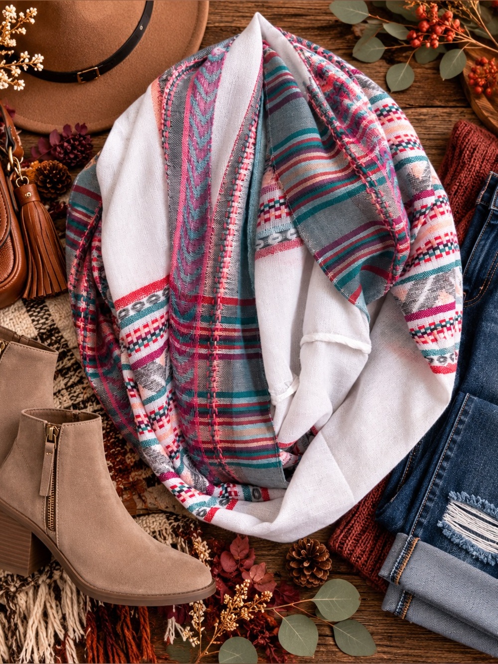 Lightweight White Infinity Scarf with Pink & Teal Stripes
